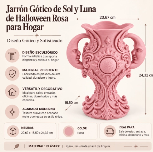 JARRON GOTICO DE SOL Y LUNA DE HALLOWEEN ROSA PARA HOGAR - 2