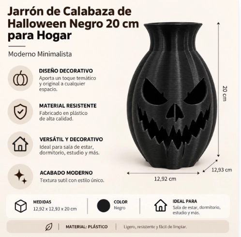 JARRON DE CALABAZA DE HALLOWEEN NEGRO 20 CM PARA HOGAR - 2