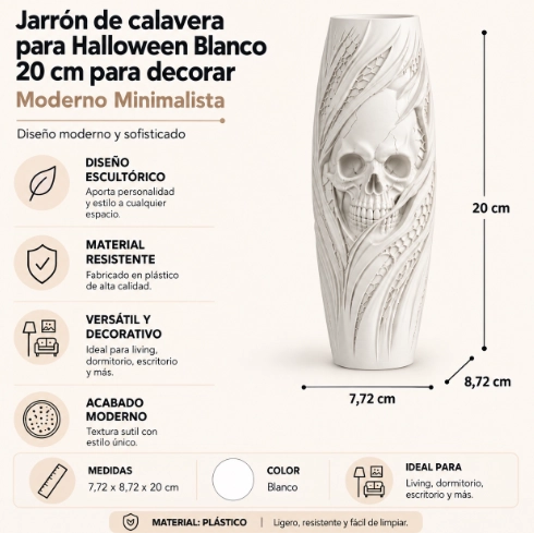 JARRON DE CALAVERA PARA HALLOWEEN BLANCO 20 CM PARA DECORAR - 2