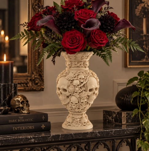 FLORERO ORNATO DE CALAVERAS GOTICAS Y ROSAS CELESTE PARA HOGAR - 1