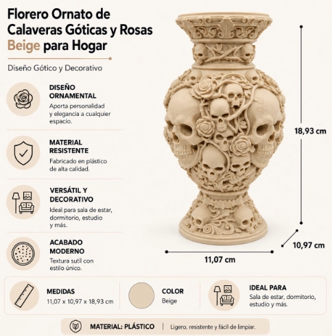 FLORERO ORNATO DE CALAVERAS GOTICAS Y ROSAS CELESTE PARA HOGAR - 2