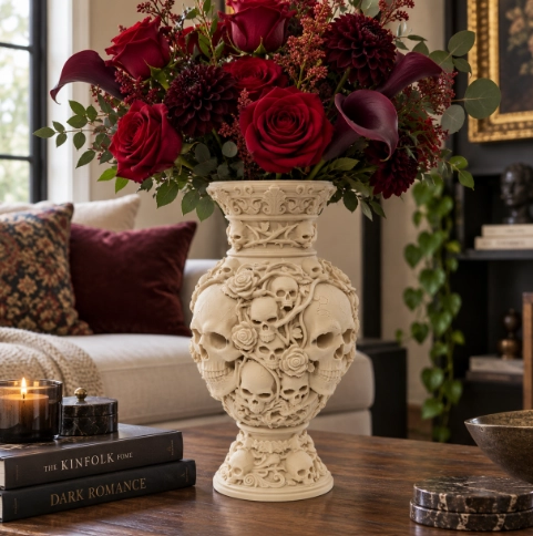FLORERO ORNATO DE CALAVERAS GOTICAS Y ROSAS CELESTE PARA HOGAR - 3