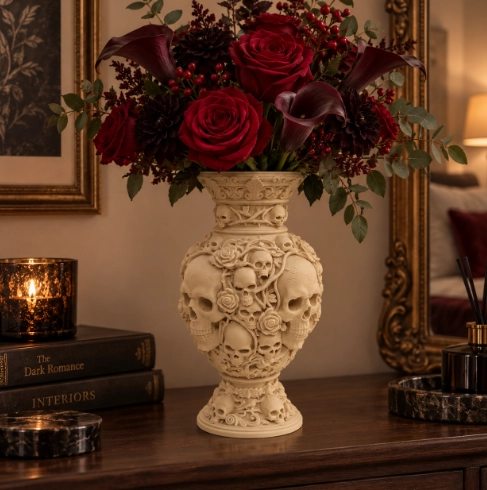 FLORERO ORNATO DE CALAVERAS GOTICAS Y ROSAS CELESTE PARA HOGAR - 4