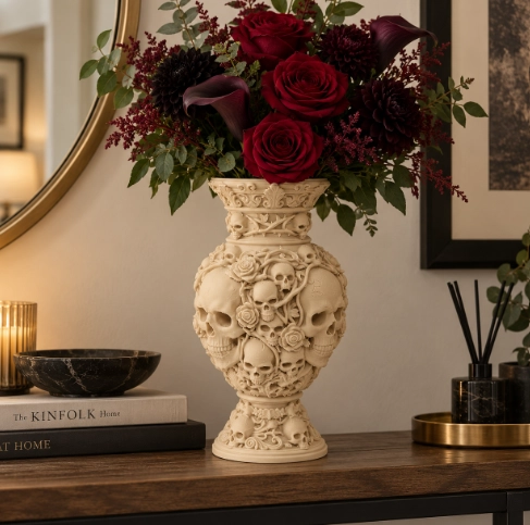 FLORERO ORNATO DE CALAVERAS GOTICAS Y ROSAS CELESTE PARA HOGAR - 5