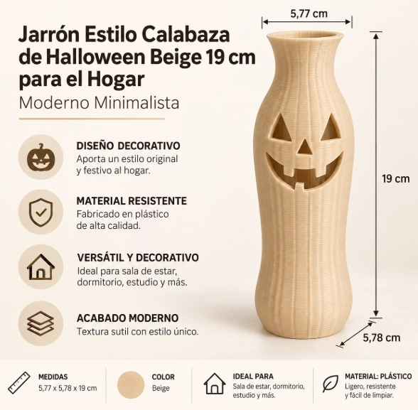 JARRON ESTILO CALABAZA DE HALLOWEEN BEIGE 19 CM PARA EL HOGAR - 2