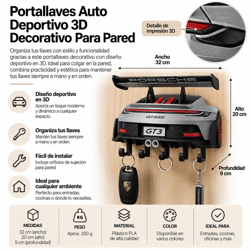 Portallaves Auto Deportivo 3D Decorativo Para Pared Organizador Gris - 2