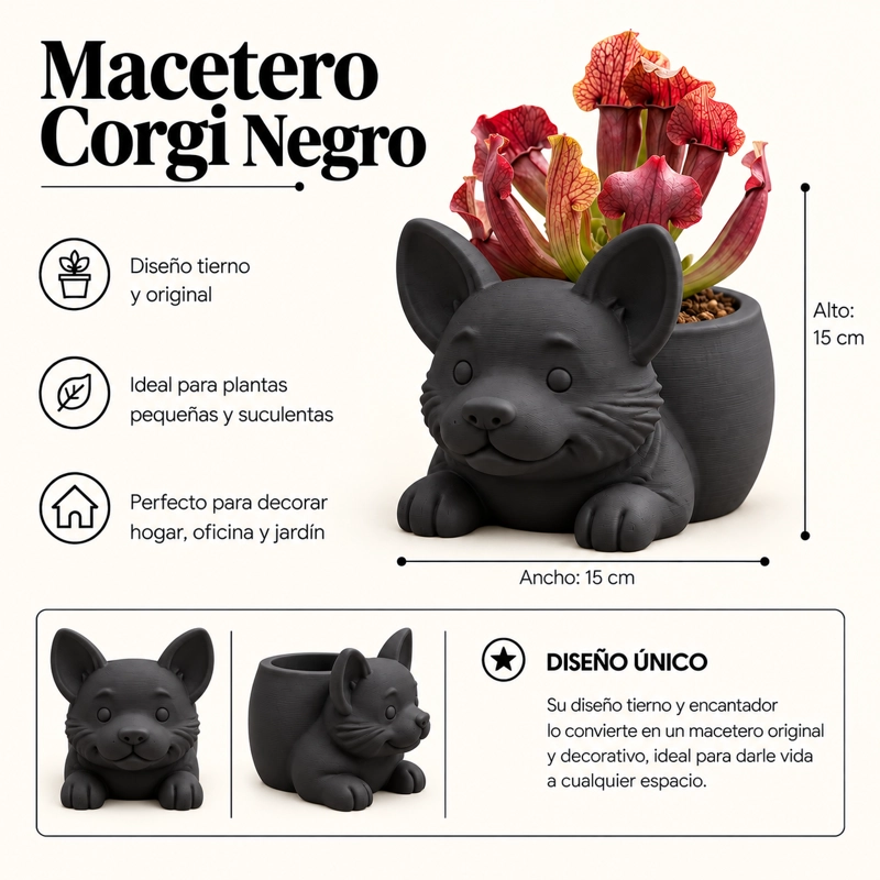 MACETERO DECORATIVO HOGAR- MACETA CORGI 15 CM NEGRO - 2