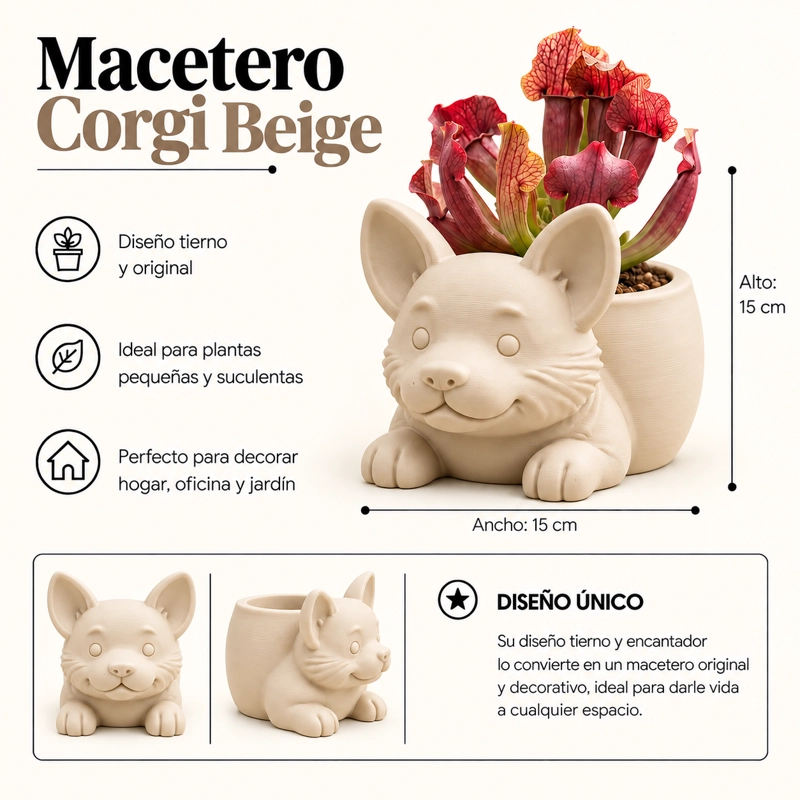 MACETERO DECORATIVO HOGAR- MACETA CORGI 15 CM BEIGE - 2