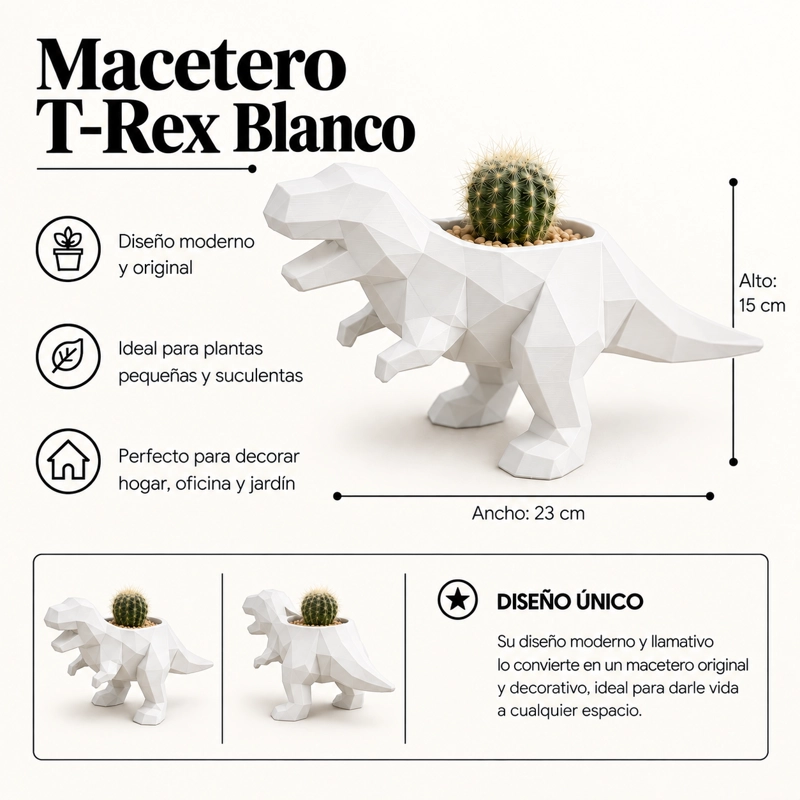 MACETERO DECORATIVO HOGAR- MACETA T-REX 15 CM BLANCO - 2