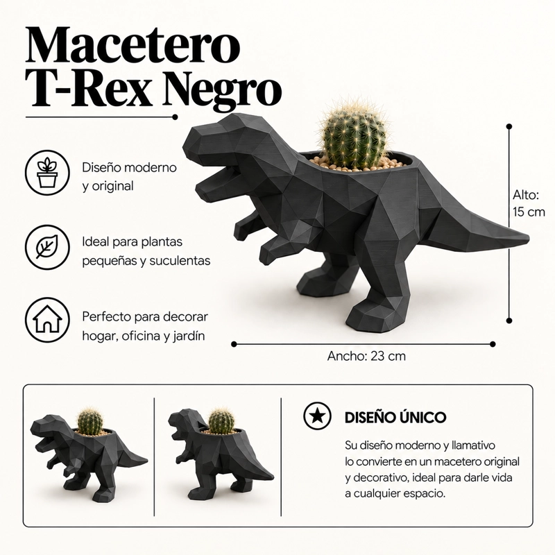 MACETERO DECORATIVO HOGAR- MACETA T-REX 15 CM NEGRO - 2
