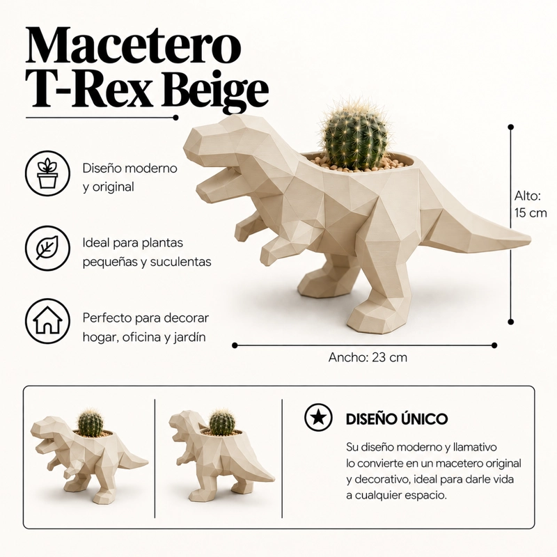 MACETERO DECORATIVO HOGAR- MACETA T-REX 15 CM BEIGE - 2