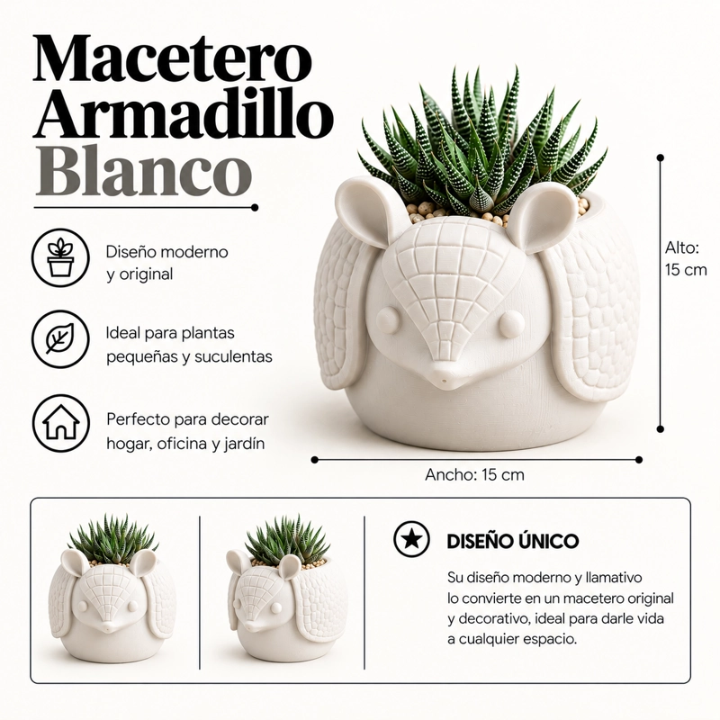 MACETERO DECORATIVO HOGAR- MACETA ARMADILLO 15 CM BLANCO - 2