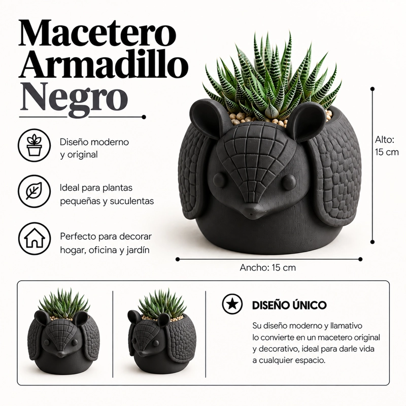 MACETERO DECORATIVO HOGAR- MACETA ARMADILLO 15 CM NEGRO - 2