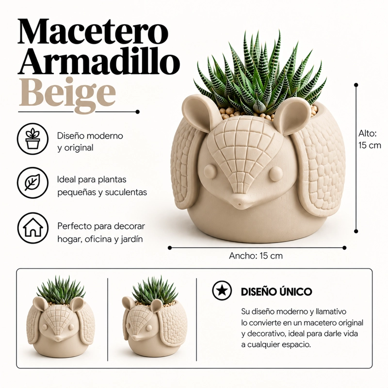 MACETERO DECORATIVO HOGAR- MACETA ARMADILLO 15 CM BEIGE - 2