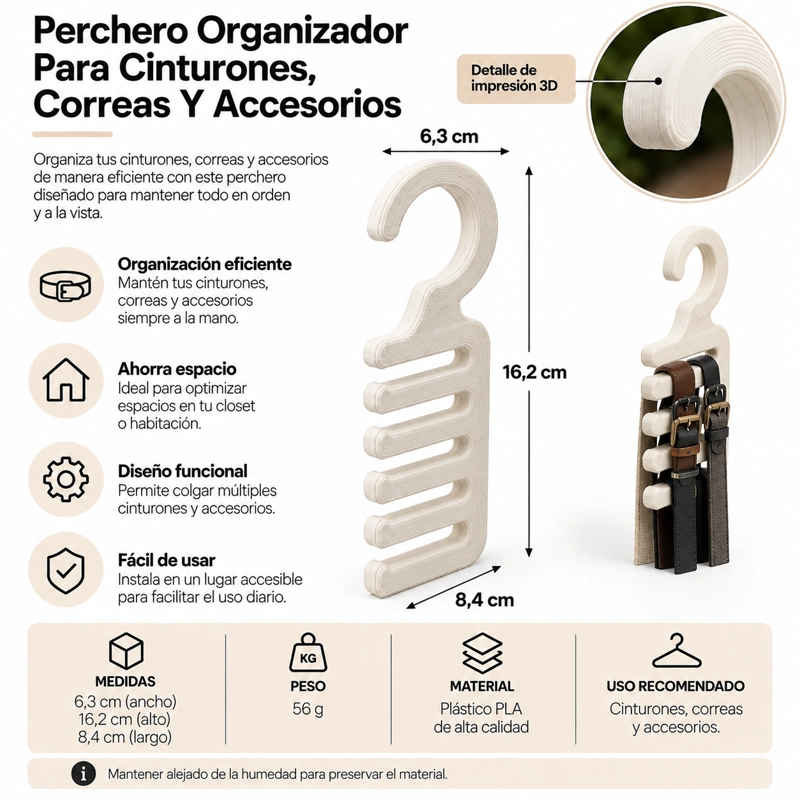 PERCHERO ORGANIZADOR PARA CINTURONES, CORREAS Y ACCESORIOS BEIGE - 2