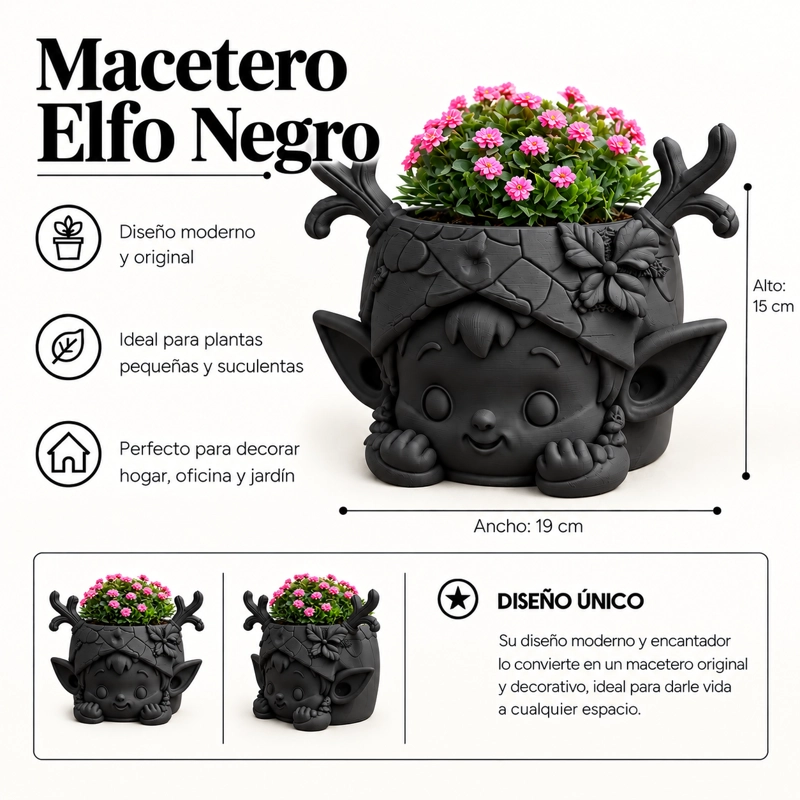 MACETERO DECORATIVO HOGAR- GUARDIAN DEL BOSQUE 15 CM NEGRO - 2