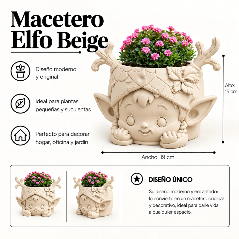 MACETERO DECORATIVO HOGAR- GUARDIAN DEL BOSQUE 15 CM BEIGE - 2