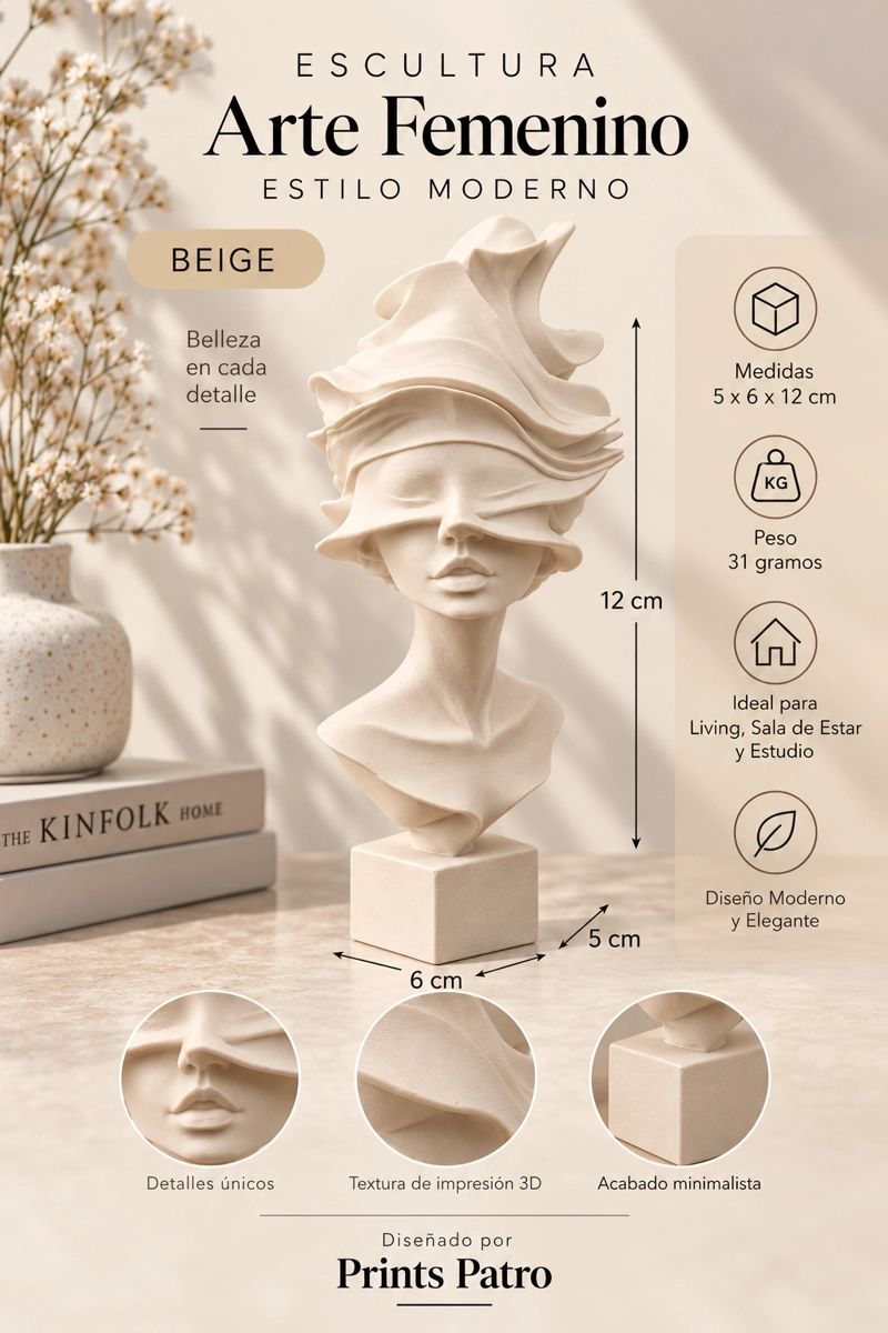ESCULTURA ELEGANTE PRINTS PATRO - ESTILO BUSTO DE ARTE FEMENINO BEIGE - 3