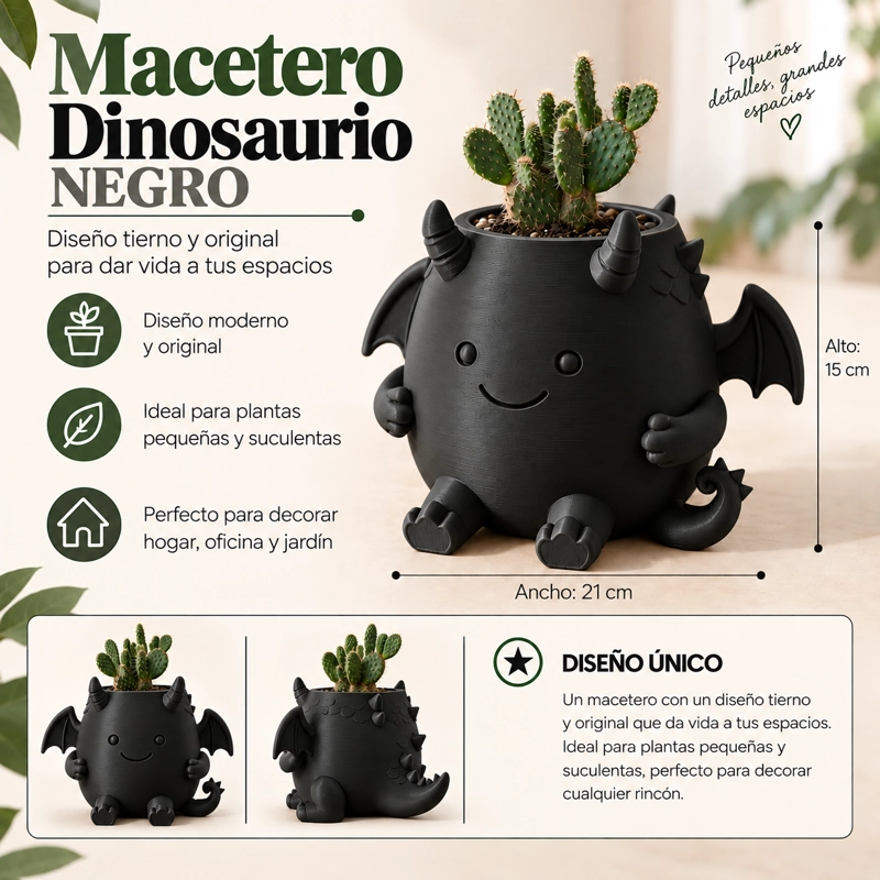 MACETERO DECORATIVO HOGAR- MACETA DRAGON 15 CM NEGRO - 2