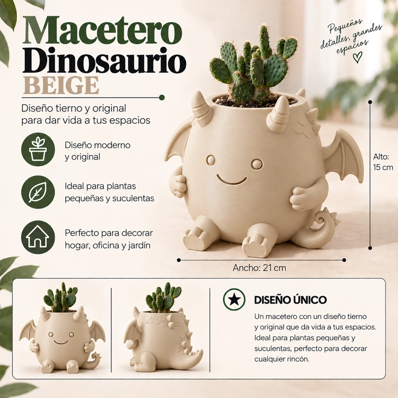 MACETERO DECORATIVO HOGAR- MACETA DRAGON 15 CM BEIGE - 2
