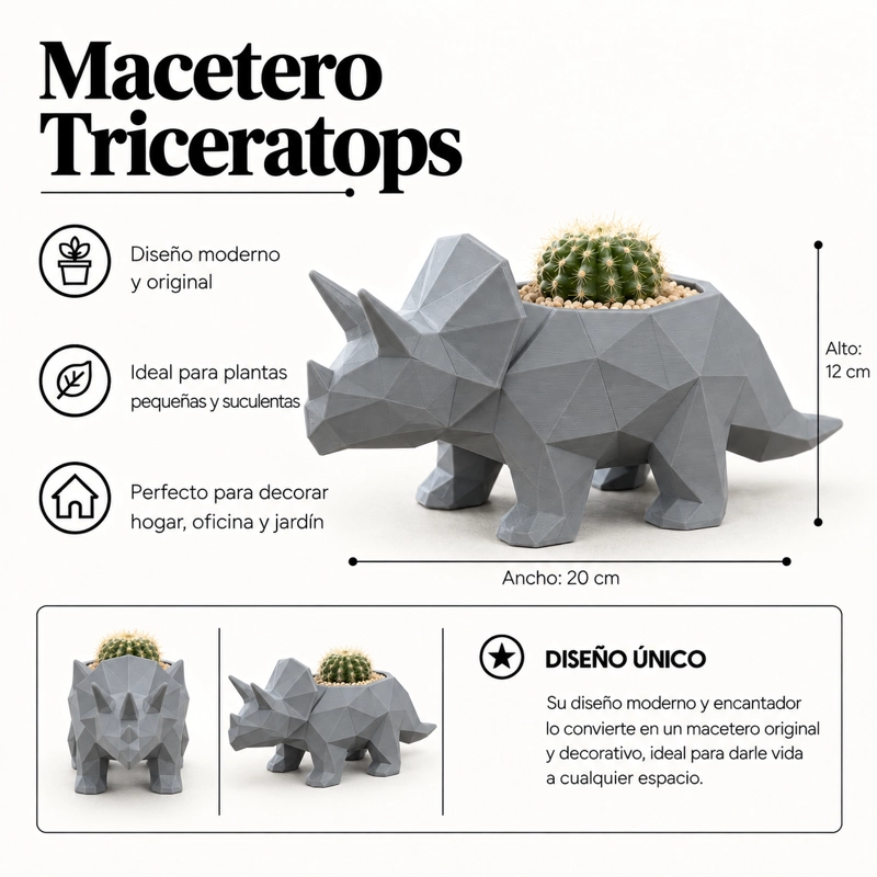 MACETERO DECORATIVO HOGAR- MACETA TRICERATOPS 12 CM GRIS - 2