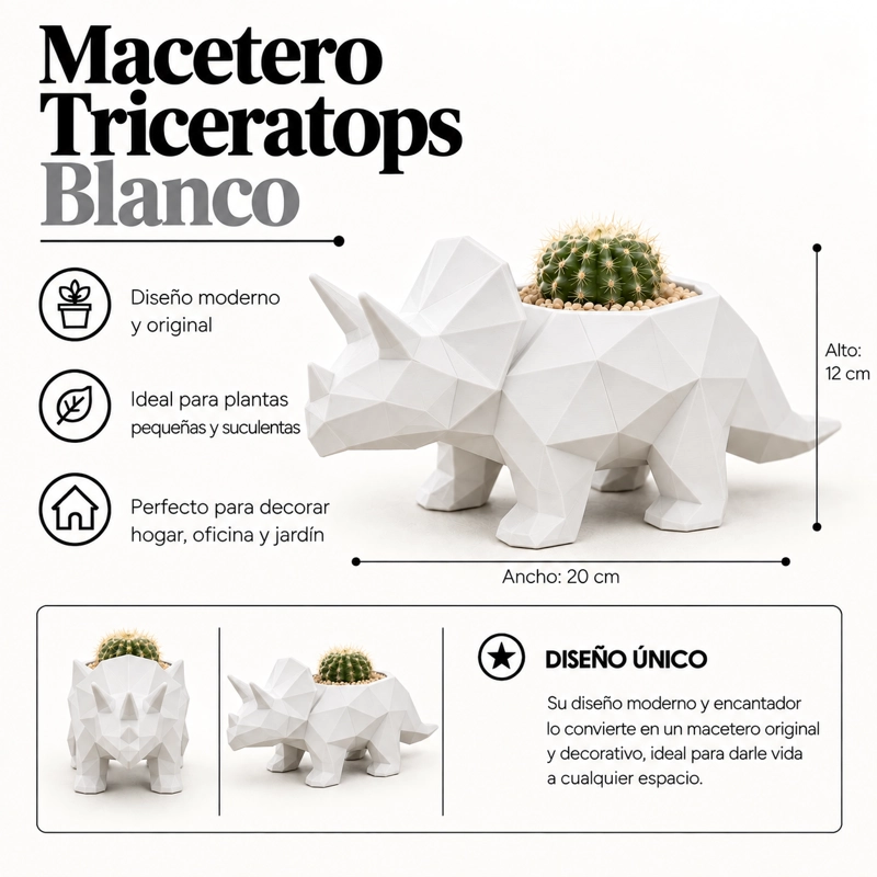 MACETERO DECORATIVO HOGAR- MACETA TRICERATOPS 12 CM BLANCO - 2