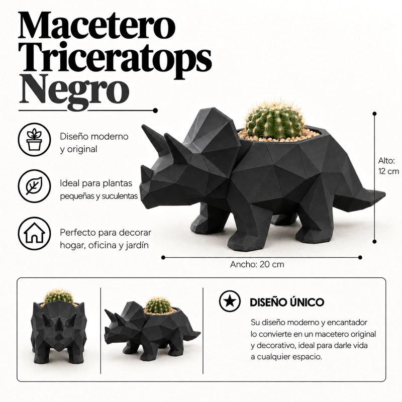MACETERO DECORATIVO HOGAR- MACETA TRICERATOPS 12 CM NEGRO - 2