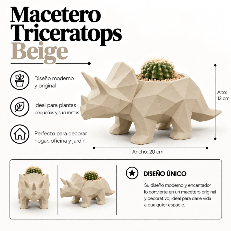 MACETERO DECORATIVO HOGAR- MACETA TRICERATOPS 12 CM BEIGE - 2