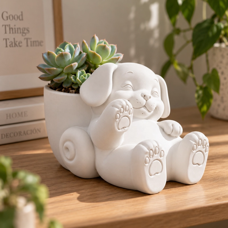 MACETERO DECORATIVO HOGAR- MACETA PERRO RELAJADO 12 CM BLANCO - 4