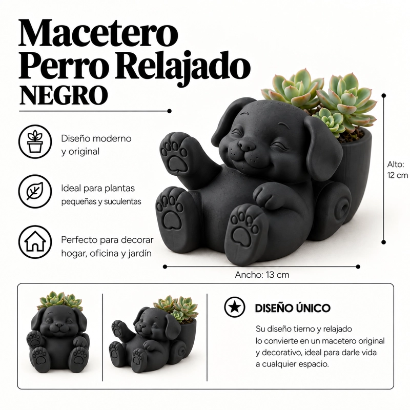 MACETERO DECORATIVO HOGAR- MACETA PERRO RELAJADO 12 CM NEGRO - 2