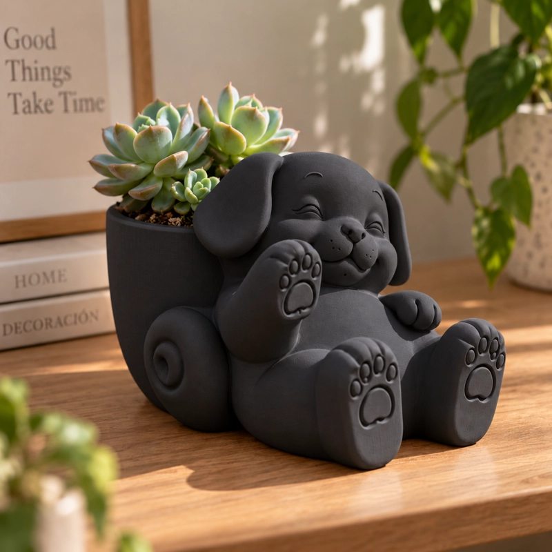 MACETERO DECORATIVO HOGAR- MACETA PERRO RELAJADO 12 CM NEGRO - 4