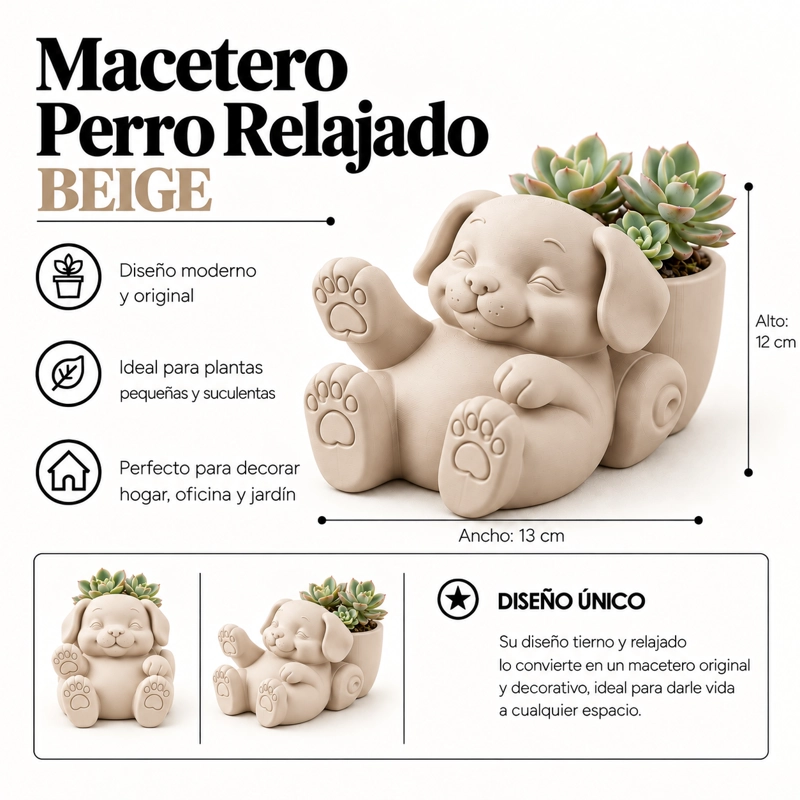 MACETERO DECORATIVO HOGAR- MACETA PERRO RELAJADO 12 CM BEIGE - 2