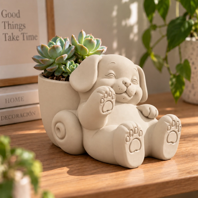 MACETERO DECORATIVO HOGAR- MACETA PERRO RELAJADO 12 CM BEIGE - 4