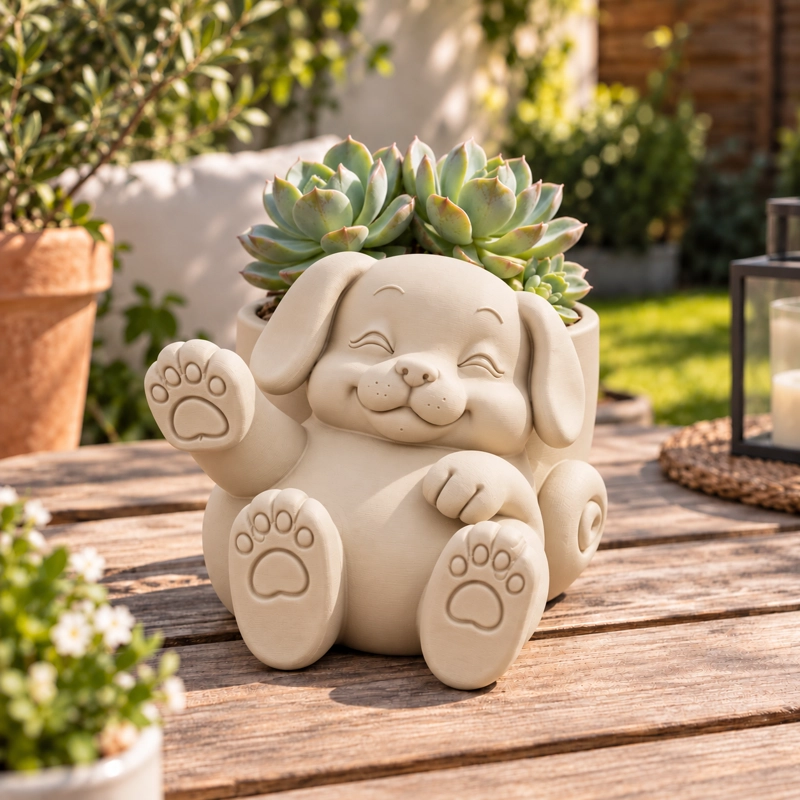 MACETERO DECORATIVO HOGAR- MACETA PERRO RELAJADO 12 CM BEIGE - 5