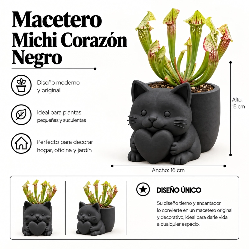 MACETERO DECORATIVO HOGAR- MACETA MICHI CORAZON 15 CM NEGRO - 2