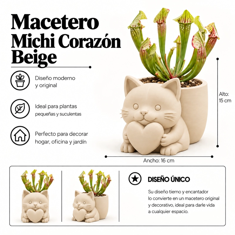MACETERO DECORATIVO HOGAR- MACETA MICHI CORAZON 15 CM BEIGE - 2
