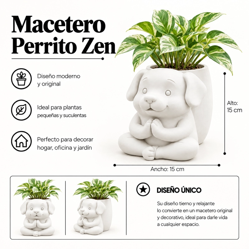 MACETERO DECORATIVO HOGAR- MACETA PERRITO ZEN 15 CM BLANCO - 2