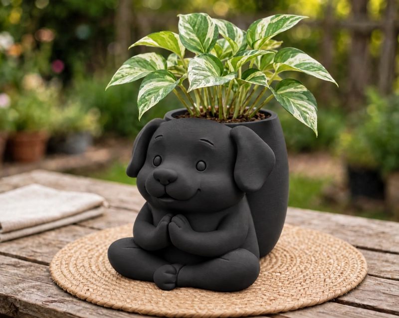 MACETERO DECORATIVO HOGAR- MACETA PERRITO ZEN 15 CM NEGRO - 1