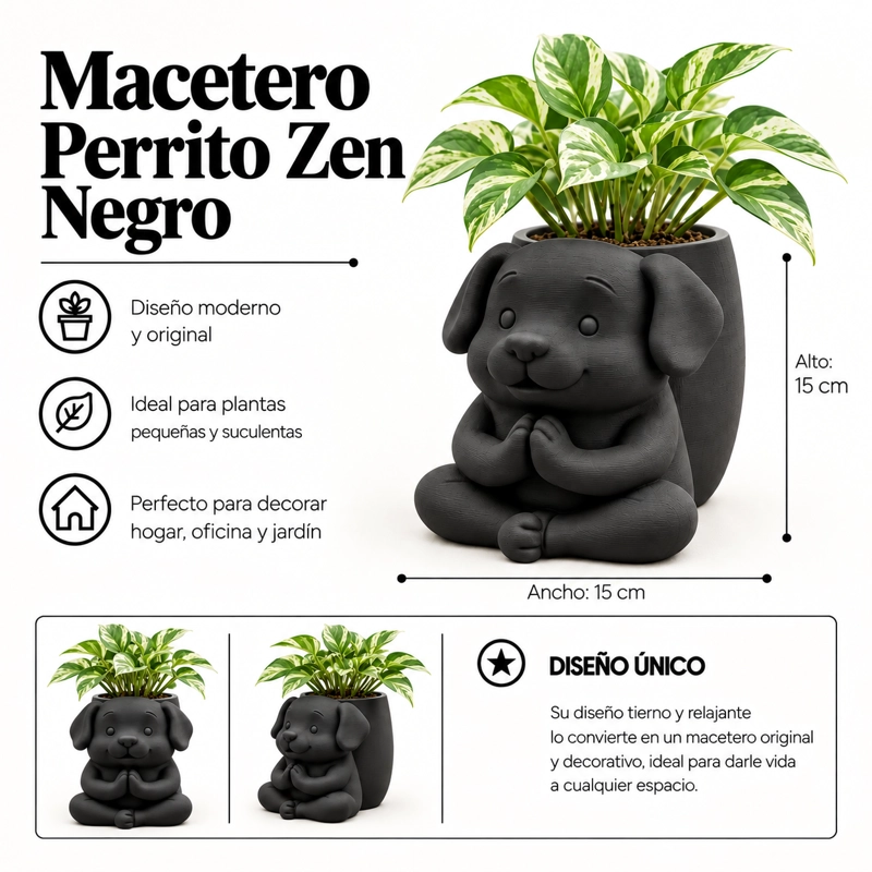 MACETERO DECORATIVO HOGAR- MACETA PERRITO ZEN 15 CM NEGRO - 2