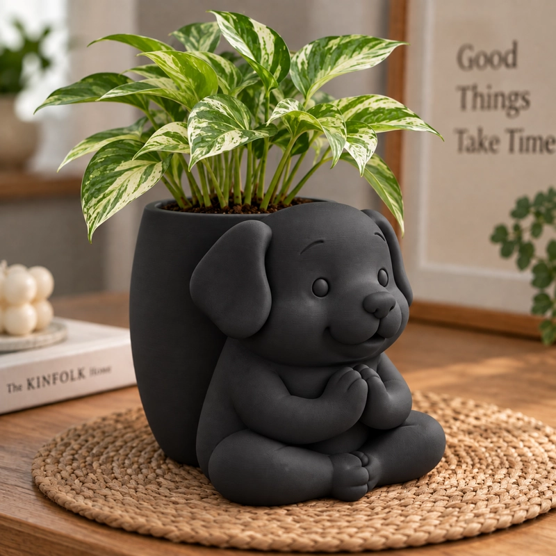 MACETERO DECORATIVO HOGAR- MACETA PERRITO ZEN 15 CM NEGRO - 4
