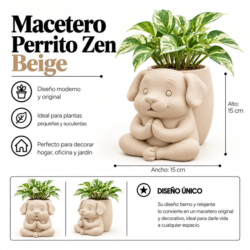 MACETERO DECORATIVO HOGAR- MACETA PERRITO ZEN 15 CM BEIGE - 2
