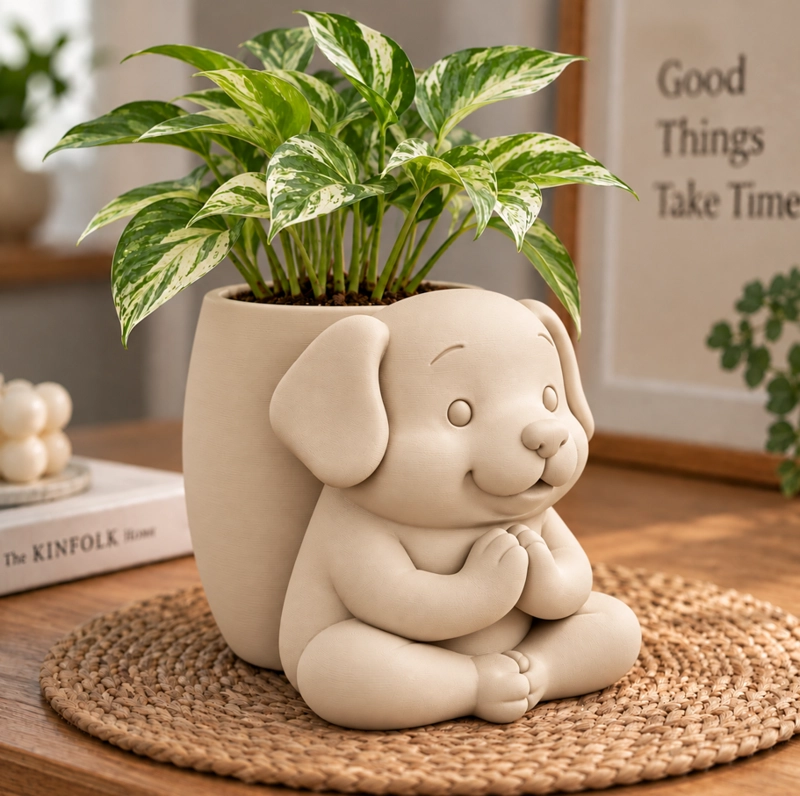 MACETERO DECORATIVO HOGAR- MACETA PERRITO ZEN 15 CM BEIGE - 4