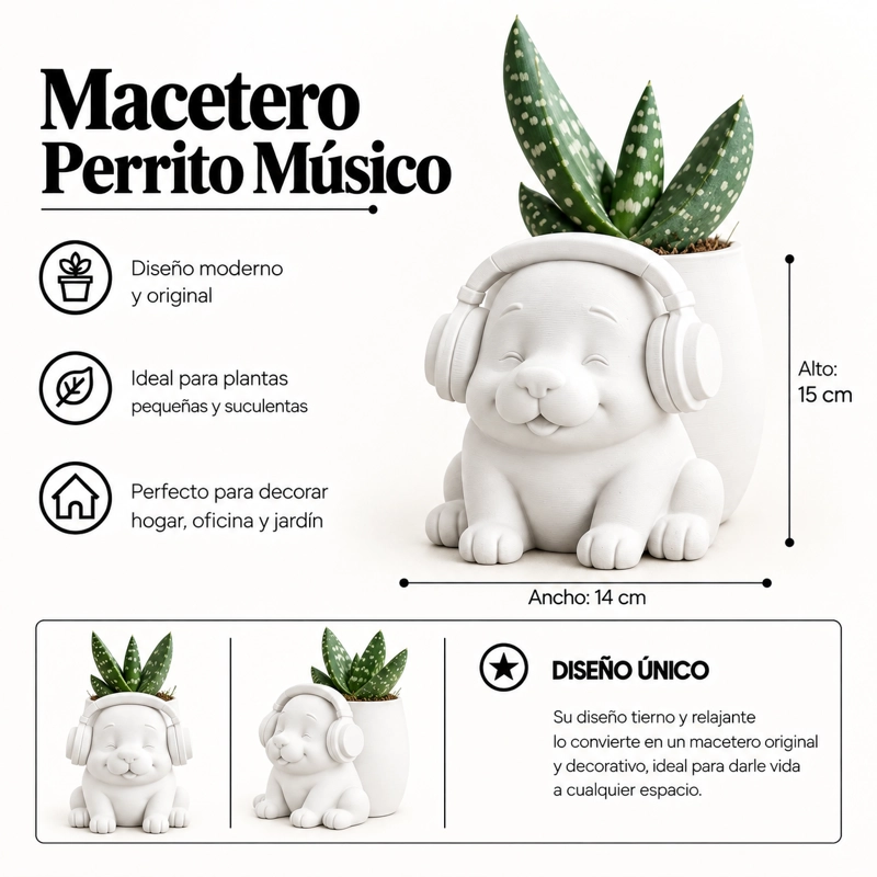 MACETERO DECORATIVO HOGAR- MACETA PERRITO MUSICO 15 CM BLANCO - 2
