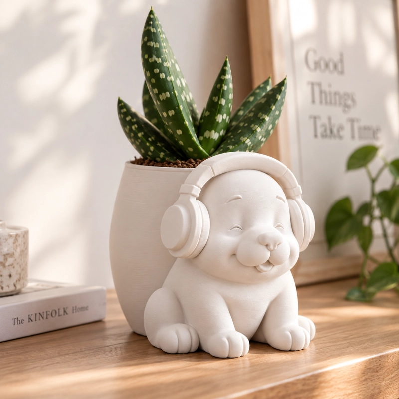 MACETERO DECORATIVO HOGAR- MACETA PERRITO MUSICO 15 CM BLANCO - 4