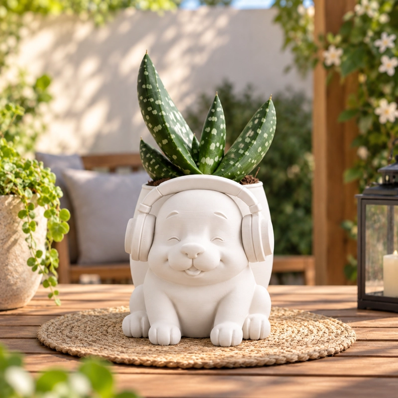 MACETERO DECORATIVO HOGAR- MACETA PERRITO MUSICO 15 CM BLANCO - 5