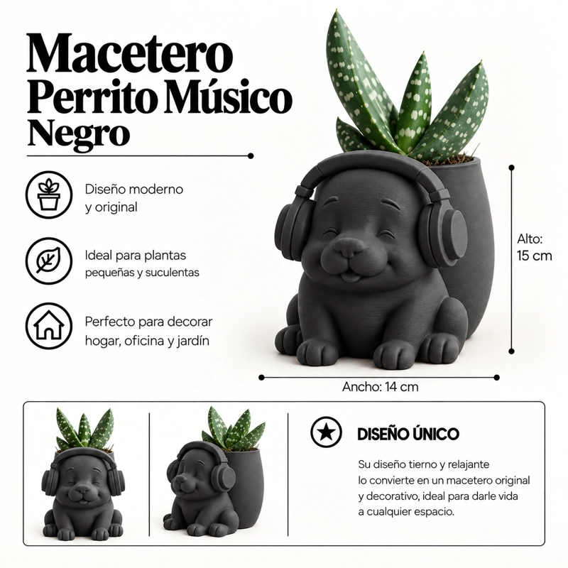 MACETERO DECORATIVO HOGAR- MACETA PERRITO MUSICO 15 CM NEGRO - 2