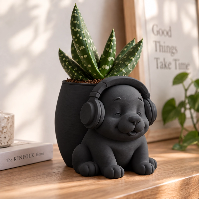 MACETERO DECORATIVO HOGAR- MACETA PERRITO MUSICO 15 CM NEGRO - 4