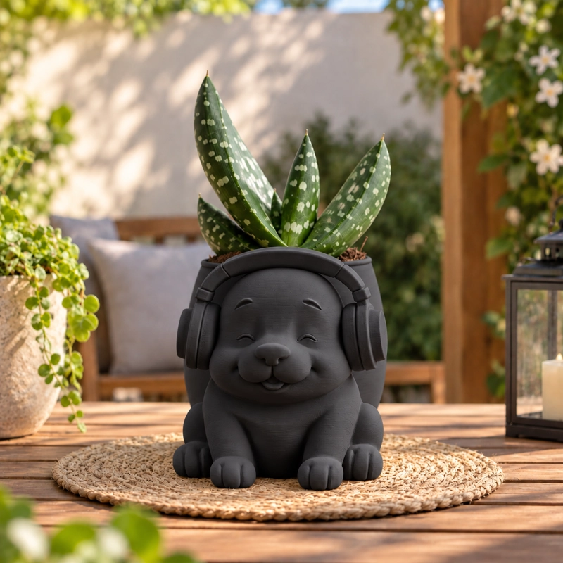 MACETERO DECORATIVO HOGAR- MACETA PERRITO MUSICO 15 CM NEGRO - 5