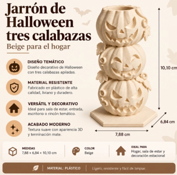 JARRON DE HALLOWEEN TRES CALABAZAS BEIGE PARA EL HOGAR - 2