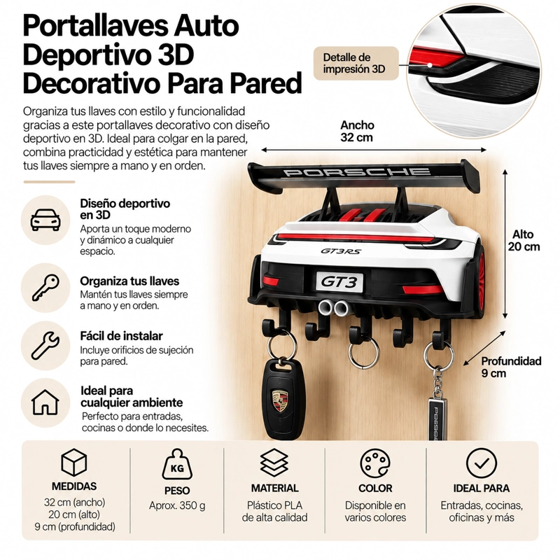 PORTALLAVES AUTO DEPORTIVO 3D DECORATIVO PARA PARED ORGANIZADOR BLANCO - 5